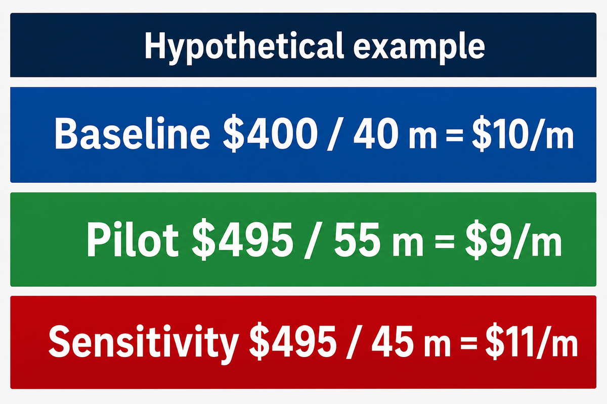 Hypothetical welding unit cost comparison: baseline ten dollars per metre pilot nine and sensitivity eleven