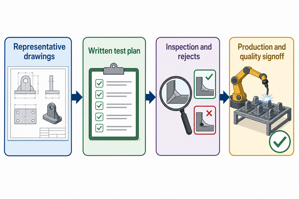 Welding sample run evidence gates from representative drawings to written test plan inspection and signoff