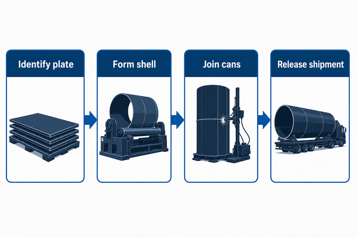 Four grouped wind tower manufacturing handoffs from identified plate through shell forming can joining and shipment release