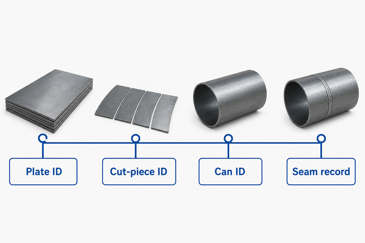 Material identity chain from steel plate through cut piece and can to its seam record