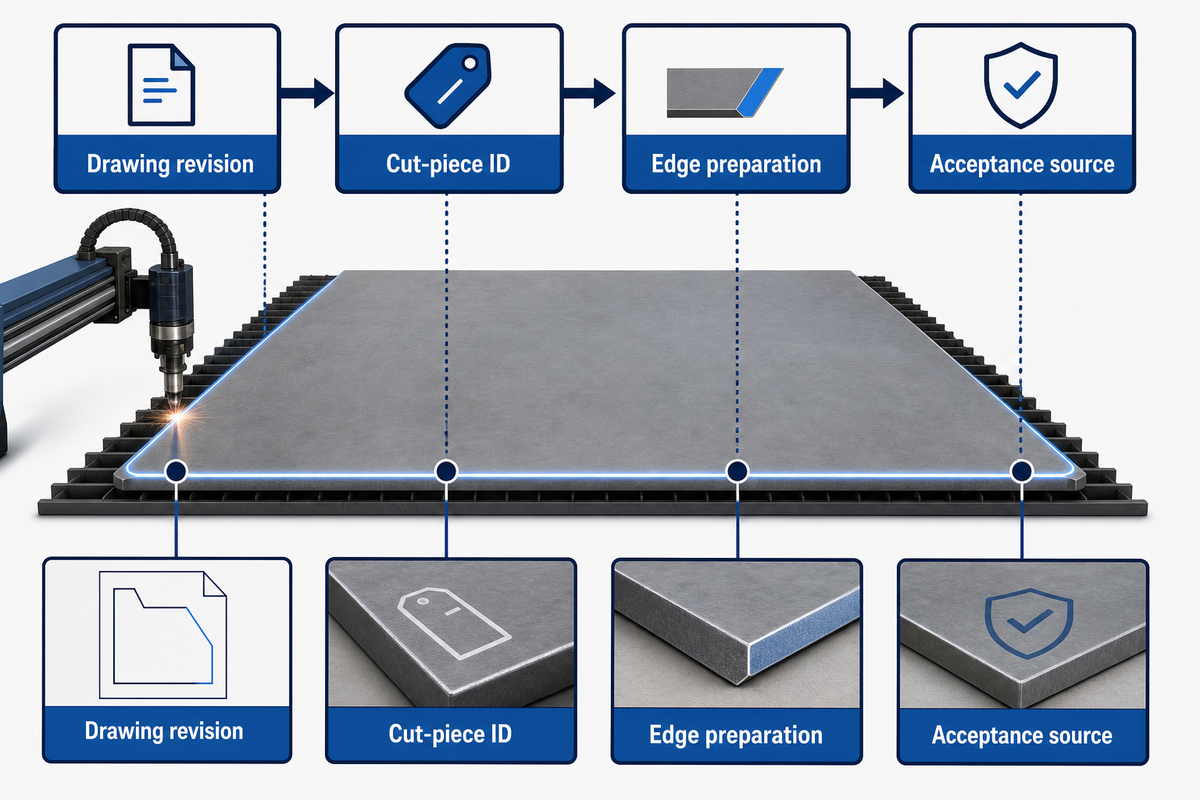 Cutting and edge preparation checkpoints for drawing revision cut piece identity and acceptance source