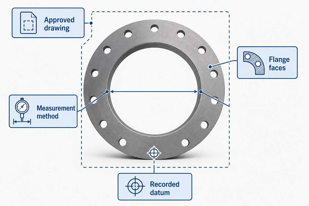 Wind tower flange interface checks linking approved drawing flange faces measurement method and recorded datum