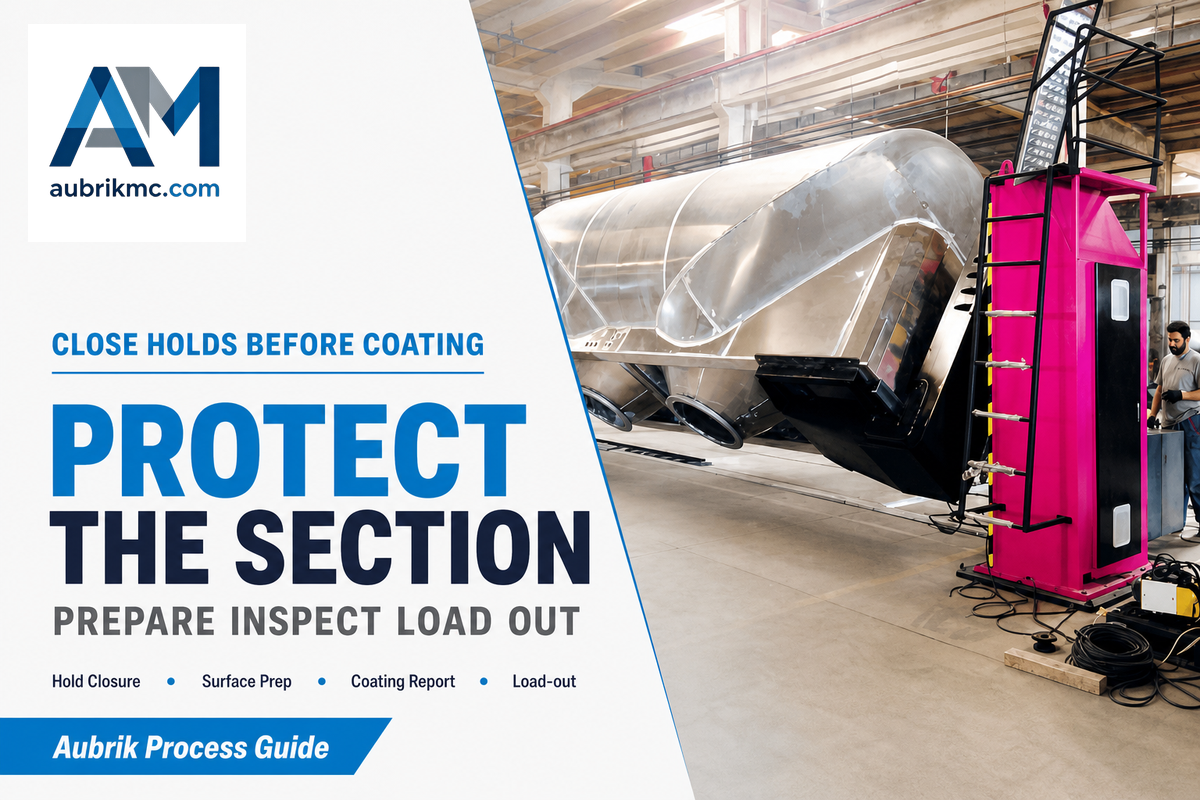 Wind tower section coating and load-out poster emphasizing inspection hold closure and protected dispatch
