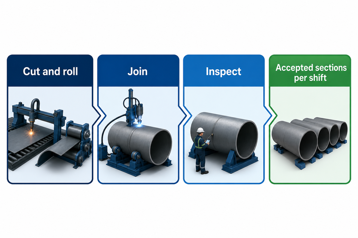 Wind tower production-line flow from cutting and rolling through joining and inspection to accepted sections per shift